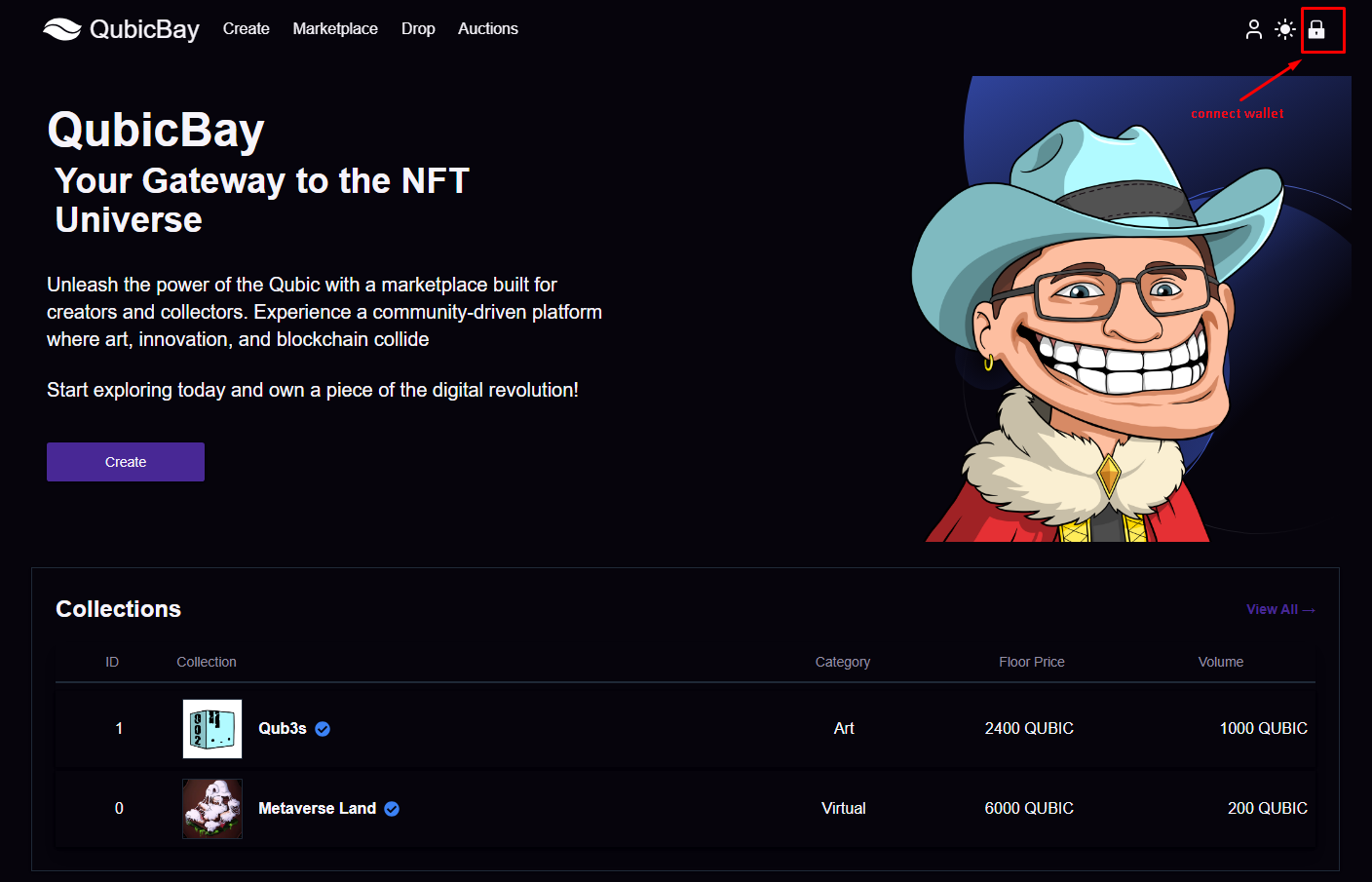 Qubicbay Homepage - Connect Wallet Button